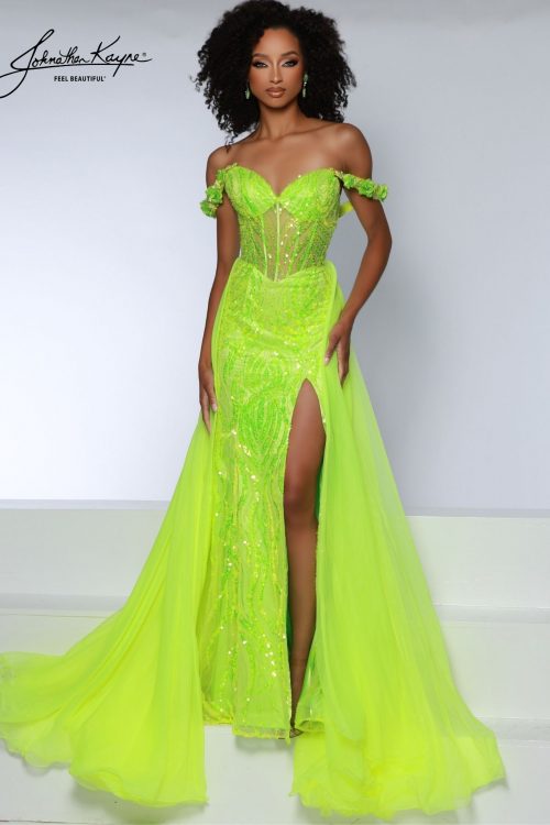 neon yellow, overskirt, prom dress, designer prom, expose boning